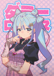  1girl :3 aqua_hair black_eyes black_shirt bow-shaped_hair camisole closed_mouth collar detached_sleeves dollar_sign double-parted_bangs dummy_romance_(vocaloid) egh_(ssquan) frilled_collar frilled_sleeves frills grid_background grid_print hair_between_eyes hair_ornament hairclip hand_up hatsune_miku heart heart_necklace highres jewelry long_hair long_sidelocks necklace pink_camisole purple_nails ribbed_sleeves shirt short_sleeves sidelocks smile solo song_name twintails upper_body vocaloid 