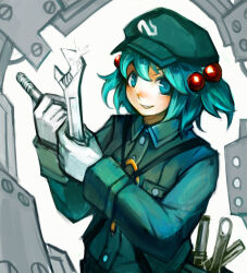  1girl blue_eyes blue_hair blue_hat blue_shirt collared_shirt commentary_request gloves hair_bobbles hair_ornament hat holding holding_wrench jewelry kawashiro_nitori key key_necklace looking_at_viewer machine necklace newsboy_cap shirt short_hair solo spark621 touhou two_side_up upper_body white_background white_gloves wrench 