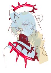  1boy absurdres blonde_hair cape capelet expressionless halo highres horns limbus_company looking_at_viewer project_moon red_halo simple_background sinclair_(project_moon) solo u3u_sinclair veil white_background white_capelet white_horns white_veil yellow_cape yellow_eyes 