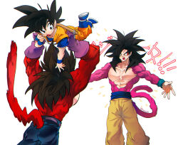  black_hair blue_sash dougi dragon_ball dragon_ball_daima dragon_ball_gt gloves long_hair male_focus monkey_boy monkey_tail multiple_boys muscular muscular_male ommmyoh open_mouth pants red_fur saiyan sash smile son_goku spiky_hair super_saiyan super_saiyan_4 tail twitter_username vegeta yellow_pants 