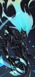  1boy armor attack_trail black_background black_bodysuit blue_eyes blue_hair bodysuit bridal_gauntlets chest_guard claws commentary cowboy_shot cuisses eiyuu_densetsu energy_hair fake_claws fiery_hair floating_hair from_side full_armor gradient_background grendel_(eiyuu_densetsu) helmet highres kuro_no_kiseki_(series) kuro_no_kiseki_i lamchun_(2006) long_hair male_focus pauldrons rerebrace shoulder_armor simple_background solo van_arkride 