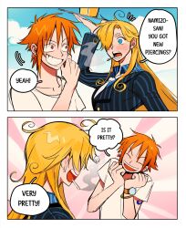  1boy 1girl barbell_piercing black_jacket blonde_hair blue_eyes blue_shirt blush bracelet cigarette closed_mouth collarbone commentary curly_eyebrows ear_piercing earrings emphasis_lines english_text genderswap genderswap_(ftm) genderswap_(mtf) gold_bangle grin hair_over_one_eye highres industrial_piercing jacket jewelry ki2ri5 log_pose long_hair long_sleeves nami_(one_piece) one_piece open_mouth orange_hair piercing ribbed_jacket ribbed_shirt sanji_(one_piece) shirt short_hair shoulder_tattoo smile speech_bubble stud_earrings suit_jacket t-shirt tattoo white_shirt 