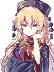  1girl absurdres black_dress black_hat blonde_hair chinese_commentary commentary_request crescent_print dalachi_(headdress) dot_nose dress grey_background hair_between_eyes hand_up hat highres junko_(touhou) ke_lao_pi_pi_si long_hair long_hair_between_eyes long_sleeves neck_ribbon open_mouth pom_pom_(clothes) red_eyes red_tabard ribbon sidelocks simple_background solo split_mouth tabard touhou upper_body very_long_hair wide_sleeves yellow_ribbon 