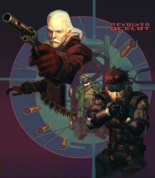  3boys ammunition_belt black_gloves blue_headband body_armor brown_hair bullet character_name collared_shirt cowboy_shot facial_hair finger_on_trigger gloves green_jacket gun handgun headband highres holding holding_gun holding_weapon jacket kenneth_baker long_hair male_focus mature_male metal_gear_(series) metal_gear_solid multiple_boys mustache necktie red_gloves red_necktie revolver_ocelot shirt short_hair solid_snake suit_jacket upper_body vest vitaliy_shushko waistcoat weapon white_hair white_shirt widow's_peak 