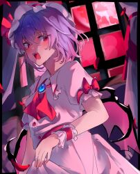  1girl ascot bat_wings blush brooch commentary_request frilled_wrist_cuffs frills full_moon hat hat_ribbon highres jewelry looking_at_viewer mob_cap moon open_mouth pink_hat pink_shirt pink_skirt puffy_short_sleeves puffy_sleeves purple_hair red_ascot red_eyes red_moon red_sky red_wrist_cuffs remilia_scarlet ribbon s08901 shirt short_sleeves skirt skirt_set sky smile solo touhou window wings wrist_cuffs 