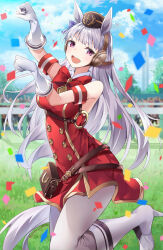  1girl absurdres animal_ears armband blue_sky blunt_bangs blush boots bow breasts brown_hat clouds commentary_request confetti crowd dress ear_bow ear_ribbon gloves gold_ship_(red_strife)_(umamusume) gold_ship_(umamusume) grey_hair hat highres horse_ears horse_girl horse_pose horse_tail large_breasts long_hair looking_at_viewer open_mouth outdoors pantyhose pillbox_hat red_bow red_dress sky sleeveless sleeveless_dress smile solo_focus standing standing_on_one_leg striped_armband striped_clothes sukuemon tail umamusume violet_eyes white_boots white_gloves white_pantyhose 