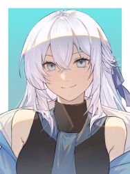  1girl bare_shoulders black_shirt blue_background blue_eyes blue_jacket blue_scarf border closed_mouth commentary crossed_bangs double-parted_bangs eiyuu_densetsu english_commentary gradient_background hair_between_eyes half_updo highres jacket jacket_partially_removed kai_no_kiseki kuro_no_kiseki_(series) long_hair looking_at_viewer open_clothes open_jacket outside_border qian_ko scarf shirt shizuna_rem_misurugi sidelocks sleeveless sleeveless_shirt smile solo straight-on turtleneck turtleneck_shirt upper_body white_border white_hair 