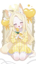  1boy 1girl :3 absurdres alternate_costume animal_ears balloon blonde_hair blue_archive doodle_sensei_(blue_archive) dress flower fox_ears fox_girl fuminshou_(nekopan_art) halo highres holding holding_flower long_hair looking_at_viewer open_mouth seia_(blue_archive) sensei_(blue_archive) sitting smile solo tulip very_long_hair yellow_dress yellow_eyes yellow_flower yellow_halo yellow_tulip 