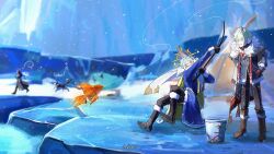  3boys :d ^_^ alyosha_(genshin_impact) arm_up artist_name black_boots black_gloves black_mittens black_pants blue_coat blue_jacket blush boots brown_boots brown_cape bucket cape chasing closed_eyes coat commentary crossed_bangs day dog earmuffs english_commentary feathered_wings fish fishing fishing_rod flins_(genshin_impact) fur-trimmed_boots fur-trimmed_cape fur-trimmed_coat fur-trimmed_sleeves fur_trim genshin_impact gloves green_hair grey_hair hair_between_eyes halo halo_behind_head hands_on_own_hips head_wings highres holding holding_fishing_rod honkai:_star_rail honkai_(series) hood hood_down hooded_cape husky ice ice_fishing jacket laughing leaning_forward long_sleeves male_focus medium_hair mihoyo mittens moonya multiple_boys on_stool open_mouth outdoors pants red_ribbon ribbon running scarf scarf_over_mouth short_hair signature sitting smile snow snowing sparkle standing stool sunday_(honkai:_star_rail) tassel tent tugarin_(genshin_impact) white_scarf white_wings wings winter yellow_eyes 