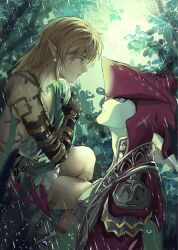  2boys arm_up armor blonde_hair blue_eyes body_markings brown_eyes closed_mouth commentary earrings english_commentary eye_contact fish_boy frown gugu_1231 highres jewelry leaf link long_hair long_pointy_ears looking_at_another male_focus multiple_boys outdoors parted_bangs piercing plant pointy_ears profile prosthesis prosthetic_arm rain robe scar scar_on_head sidon single_bare_shoulder sitting the_legend_of_zelda the_legend_of_zelda:_breath_of_the_wild wet wet_hair zora 