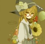  alternate_costume alternate_hairstyle bad_id balloon bespectacled blonde_hair braid bust contemporary english flower glasses hat kirisame_marisa long_hair necktie purintowswsp ribbon solo suspenders tears touhou twintails witch witch_hat yellow_eyes 