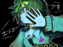 1girl black_background black_necktie blue_eyes bow closed_mouth collared_shirt covering_one_eye enko_shoujo_(vocaloid) expressionless floating_neckwear green_hair green_sweater hair_bow hand_over_eye head_tilt heart heart_print myon_x necktie outline print_sweater ringed_eyes shirt short_hair simple_background solo song_name sweater upper_body vocaloid white_outline yellow_bow 