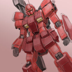  bazooka_(gundam) commentary gradient_background gundam gundam_amazing_red_warrior gundam_build_fighters gunpla highres kuroneko_koubou mecha mecha_focus mobile_suit mobile_suit_gundam model_kit model_kit_(medium) no_humans plamo_kyoshiro radio_antenna robot science_fiction shield solo unconventional_media yellow_eyes 