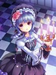  blue_hair candle checkered checkered_floor chiyingzai drill_hair flower frills from_above hair_flower hair_ornament hat lolita_fashion looking_up original pink_eyes ribbon shadow short_hair solo star twin_drills wristband 
