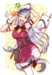  1girl animal_ears armband blunt_bangs blush boots bow breasts brown_hat carrot creature_and_personification dress ear_bow ear_ribbon gloves gold_ship_(racehorse) gold_ship_(red_strife)_(umamusume) gold_ship_(umamusume) grey_hair hat highres holding holding_carrot horse horse_ears horse_girl horse_tail large_breasts long_hair looking_at_viewer one_eye_closed open_mouth pantyhose personification pillbox_hat real_life red_bow red_dress sleeveless sleeveless_dress smile standing standing_on_one_leg striped_armband striped_clothes tail tantan_(xrvf2288) teeth tongue tongue_out umamusume upper_teeth_only violet_eyes white_boots white_gloves white_pantyhose 