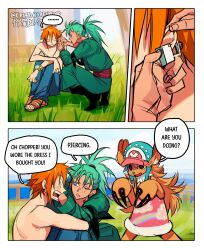  1boy 2girls animal_ears antlers bangle blue_nose blue_pants bracelet commentary deer_ears denim dress ear_piercing english_text genderswap genderswap_(ftm) genderswap_(mtf) grass green_hair hat high_ponytail highres horns jeans jewelry ki2ri5 log_pose long_hair looking_at_another multiple_girls nami_(one_piece) one_eye_closed one_piece orange_hair pants piercing pink_dress ponytail reindeer_antlers reindeer_girl roronoa_zoro sandals sash scar scar_across_eye scar_on_face short_hair sitting speech_bubble squatting tony_tony_chopper topless_male 