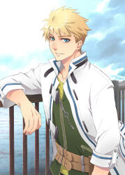  1boy against_railing arm_rest belt blonde_hair blue_eyes blue_sky brown_belt buckle clouds coat commentary_request day eiyuu_densetsu front_zipper green_shirt green_vest isa_(peien516) leather_belt long_sleeves looking_at_viewer male_focus multiple_belts open_clothes open_coat parted_lips railing sen_no_kiseki_(series) sen_no_kiseki_i shirt short_hair sidelighting sideways_glance sky smile solo toval_randonneur upper_body vest water white_coat zipper zipper_pull_tab 