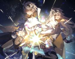  1boy 1girl absurdres alchemy_stars belt belt_pouch black_gloves black_pants black_skirt black_thighhighs blonde_hair character_and_genderswap chinese_commentary cloak commentary_request diffraction_spikes genderswap genderswap_(mtf) gloves grey_shirt headband highres navigator_(alchemy_stars) one_eye_closed pants pouch santongjiu shirt skirt smile space star_(sky) thigh-highs white_cloak yellow_eyes 
