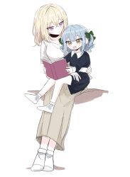  2girls :d aged_down at_09098 bang_dream! bang_dream!_it's_mygo!!!!! black_dress blonde_hair blue_hair book bow brown_skirt child commentary_request dress full_body green_bow hair_bow highres holding holding_book korean_commentary looking_at_another medium_hair misumi_uika multiple_girls no_shoes reading shirt simple_background sitting sitting_on_lap sitting_on_person skirt smile socks time_paradox togawa_sakiko two_side_up violet_eyes white_background white_shirt white_socks yellow_eyes 