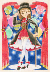  1girl ankle_bow artist_name ascot balloon black_dress black_hat black_shoes blush border bow brown_corset brown_eyes brown_hair cane chiori_n closed_mouth coat_dress colored_pencil_(medium) commentary_request corset crossed_legs curtains dress full_body hair_behind_ear hand_up hat high_heels highres holding holding_cane lapels long_sleeves looking_at_viewer magician medium_hair miniskirt notched_lapels open_clothes open_dress original outline parted_bangs pennant pleated_skirt red_ascot red_bow red_skirt shoes skirt smile solo split_mouth standing star_(symbol) string_of_flags tassel thigh-highs top_hat traditional_media watson_cross white_border white_outline white_thighhighs zettai_ryouiki 