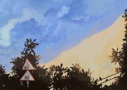  absurdres clouds commentary dusk highres khkaze landscape mixed_media no_humans original outdoors power_lines road_sign scenery sign sky tree wide_shot 