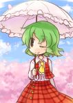  blush cherry_blossoms chibi green_hair highres kazami_yuuka parasol red_eyes red_skirt skirt skirt_set smile solo touhou umbrella wink yamabuki_(yusuraume) youkai 