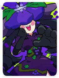  1girl absurdres black_gloves black_hair blush_stickers border chinese_clothes commentary cone_horns dress flower flower_as_hat flower_on_head food_print fruit_print gloves grape_print high_collar highres horns large_variant_set leaf_print lobelia_(flower) long_sidelocks maletoh open_mouth purple_dress qipao reaching reaching_towards_viewer sidelocks smile solo teeth touhou upper_teeth_only variant_set vine_print white_border yomotsu_hisami 