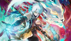 1boy abstract_background arm_guards aura belt blue_eye bracer braid colorful commentary dynamic_pose energy facial_mark feline gloves glowing glowing_eyes glowing_hand hanasawa062 hand_out heterochromia highres holding holding_weapon jingran_(wuthering_waves) looking_at_viewer magic outstretched_hand particles polearm reaching_toward_viewer scythe short_hair sleeveless smirk solo tiger weapon white_hair wuthering_waves yellow_eye 