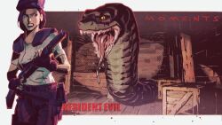  1girl animal beret black_gloves breasts brown_hair clenched_teeth commentary copyright_name cowboy_shot english_commentary fingerless_gloves giant_snake gloves gun hat holding holding_gun holding_weapon jill_valentine medium_breasts oversized_animal parted_lips police police_uniform resident_evil resident_evil_1 rifle saliva shirt short_hair shoulder_pads slit_pupils snake teeth vitaliy_shushko weapon white_shirt wooden_box yellow_eyes 