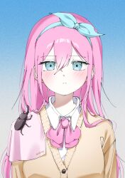  1girl alternate_costume aubrey_(faraway)_(omori) aubrey_(omori) blue_eyes blue_hairband blush bow bowtie brown_cardigan cardigan closed_mouth collared_shirt commentary double-parted_bangs ggggg27227 hair_between_eyes hairband handkerchief highres long_hair looking_at_viewer omori pink_bow pink_bowtie pink_hair rhinoceros_beetle school_uniform shirt sidelocks solo white_shirt 