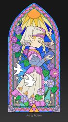  1girl artist_name bird blonde_hair blue_sleeves child closed_eyes commentary dress flower from_side full_body headdress highres holding holding_instrument holding_ocarina instrument juliet_sleeves long_dress long_sleeves ocarina pink_flower princess_zelda profile puffy_sleeves rutiwa solo standing sun the_legend_of_zelda the_legend_of_zelda:_ocarina_of_time the_legend_of_zelda:_ocarina_of_time_(remake) triforce white_bird young_zelda 