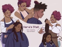  1boy 3girls apron blue_apron box_braids brown_apron brown_eyes brown_hair child clippers closed_eyes comb dark-skinned_female dark-skinned_male dark_skin dreadlocks earrings fields_of_mistria hair_brush jewelry josephine_(fields_of_mistria) maple_(fields_of_mistria) mature_female multiple_girls red_hair red_lips ryis_(fields_of_mistria) savydigital smile vera_(fields_of_mistria) 