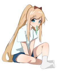  1girl ankle_socks arms_between_legs blonde_hair blue_eyes blue_shorts blush bow brown_bow dot_nose hair_bow highres indian_style keibi_inu knee_up looking_at_viewer looking_to_the_side ponytail raised_eyebrows shirt shorts simple_background sitting socks solo t-shirt toshinou_kyouko white_background white_shirt white_socks yuruyuri 