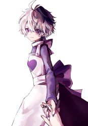  1girl 7umu91 apron black_streaks flower_(vocaloid) flower_(vocaloid4) from_side heart heart_print highres holding_hands looking_at_viewer looking_to_the_side multicolored_hair nail_polish pov pov_hands purple_nails simple_background smile solo streaked_hair violet_eyes vocaloid white_apron white_background white_hair 