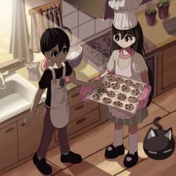  1boy 1girl absurdres antenna_hair apron black_cat black_hair brother_and_sister cat chef_hat commentary cookie elecmaw english_commentary food hat highres kitchen mari_(faraway)_(omori) mari_(omori) mary_janes omori shoes siblings stove sunny_(omori) 