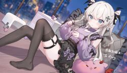  1girl absurdres applying_makeup applying_own_makeup black_skirt black_thighhighs blue_eyes blurry blurry_background blush bow chair chinese_text cleavage_cutout clothing_cutout commission commissioner_name creature cross_hair_ornament detached_sleeves english_commentary frilled_pillow frilled_shirt frilled_skirt frills glass_wall grey_hair hair_between_eyes hair_ornament heart highres knees_up long_sidelocks long_sleeves miyayoki nail_polish night no_shoes original pillow plaid_bow pointy_ears purple_bow purple_nails shirt sidelocks skirt skyline sleeves_past_wrists stool stuffed_toy thigh-highs thigh_strap toes translation_request two_side_up 