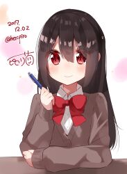  1girl black_hair blush bow bowtie closed_mouth commentary_request dated dot_nose formal_clothes hair_between_eyes hands_on_table heripiro highres holding holding_pen long_hair long_sleeves looking_at_viewer original pen red_bow red_bowtie red_eyes shirt simple_background smile solo sparkle table twitter_username upper_body v-neck white_background 