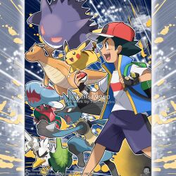  1boy :3 absurdres artist_name ash_ketchum backpack bag baseball_cap black_gloves black_hair blue_shorts blue_vest bracelet brown_eyes claws clenched_hand closed_mouth colored_sclera commentary company_name copyright_notice dracovish dragon dragon_wings dragonite dynamax_band english_commentary fangs fingerless_gloves food from_side gengar gloves green_bag hat highres holding holding_food holding_poke_ball holding_shield holding_spring_onion holding_vegetable holding_weapon horns jewelry legs_apart lucario male_focus mega_stone merchandise_available official_style open_clothes open_mouth open_vest outline pikachu poke_ball pokemon pokemon_(anime) pokemon_(creature) pokemon_journeys pokemon_team red_eyes red_hat shield shirt short_hair short_sleeves shorts single_horn sirfetch'd smile spring_onion standing t-shirt teeth tom_higgins upper_teeth_only vegetable vest watermark weapon white_outline white_shirt wings z-crystal z-ring 