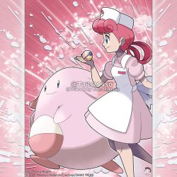  1girl absurdres apron artist_name blue_eyes chansey closed_mouth collared_dress commentary company_name copyright_notice curly_hair dress egg english_commentary eyelashes from_side hair_rings hat heal_ball highres holding holding_poke_ball long_hair merchandise_available nurse nurse_cap nurse_joy official_style outline pink_dress pink_hair poke_ball pokemon pokemon_(anime) pokemon_(classic_anime) pokemon_(creature) puffy_short_sleeves puffy_sleeves short_sleeves smile split_mouth tom_higgins watermark white_apron white_hat white_outline 