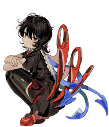  1girl asymmetrical_wings backless_dress backless_outfit biming black_dress black_hair black_thighhighs blue_wings bow bowtie closed_mouth crossed_arms dress expressionless footwear_bow full_body highres houjuu_nue looking_at_viewer looking_to_the_side messy_hair pointy_ears red_bow red_bowtie red_eyes red_shoes red_wings shoes short_hair short_sleeves simple_background solo squatting thigh-highs tomoe_(symbol) touhou white_background wings 