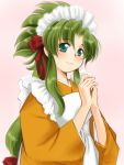  blush green_eyes green_hair japanese_clothes jochuu-san kimono long_hair maid_headdress original simple_background smile solo yagisaka_seto 