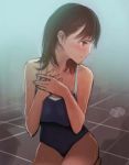  blush brown_hair kneeling love_plus mole swimsuit tile_floor tiles trodh 