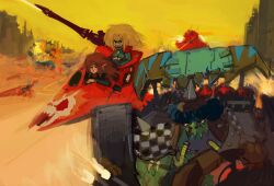 2girls animal_ears armor big_hair black_coat blonde_hair breasts cat_ears cat_girl coat coloredsclera dominion_(manga) eldar elf feletida gem gloves highres jetbike long_hair looking_at_viewer medium_breasts medium_hair multiple_girls orc ork_(warhammer) pauldrons pointy_ears puma_sisters red_eyes red_hair redrawn shoulder_armor siblings smile warhammer_40k weapon 