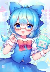  1girl :d ahoge bespectacled blue_background blue_eyes blue_hair blue_skirt blue_vest book bow bowtie character_charm charm_(object) cirno coa_(chroo_x) commentary_request cowboy_shot frilled_shirt_collar frills glasses hair_bow highres holding holding_book holding_pen open_mouth pen puffy_short_sleeves puffy_sleeves red-framed_eyewear red_bow red_bowtie semi-rimless_eyewear shirt short_hair short_sleeves skirt smile solo touhou under-rim_eyewear vest white_shirt wrist_cuffs 