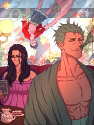  1girl 3boys asphyxiation blue_shorts book bottle cake closed_eyes commentary drinking drowning fish food glasses green_hair green_kimono haramaki highres holding holding_book holding_bottle indoors japanese_clothes jlhdraws kimono monkey_d._luffy multiple_boys nico_robin one_piece reading red_shirt roronoa_zoro sanji_(one_piece) sash scar scar_on_chest shirt shorts upside-down yellow_sash 
