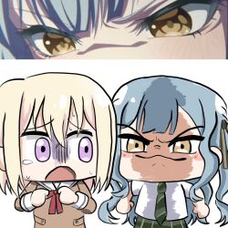  2girls absurdres anime_screenshot_inset bang_dream! bang_dream!_it's_mygo!!!!! blonde_hair blue_hair chibi closed_mouth commentary hair_ribbon hanasakigawa_school_uniform haneoka_school_uniform highres long_hair long_sleeves medium_hair misumi_uika multiple_girls open_mouth ribbon scared school_uniform screenshot_inset shaded_face sweat tearing_up thunder_line togawa_sakiko v-shaped_eyebrows violet_eyes yellow_eyes 