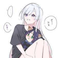  ... 1girl black_shirt blue_eyes character_doll cho_kaguya-hime! commentary_request doll highres long_hair multicolored_eyes runami_yachiyo sakayori_iroha sakayori_iroha_(tsukuyomi) shirt simple_background solo spoken_ellipsis syanriumu translated two-tone_eyes violet_eyes white_background white_hair 