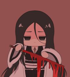  1girl bankai black_eyes black_hair black_hakama black_kimono bleach bleach:_sennen_kessen-hen blood chibi chibi_only closed_mouth commentary cowboy_shot fighting_stance hair_between_eyes hair_down hakama hands_up haori hemokinesis holding holding_sword holding_weapon japanese_clothes kimono kiritanpo_hsk long_hair long_sleeves looking_at_viewer minazuki_(bankai) parted_bangs pink_background scar scar_on_chest serious simple_background solo split_mouth straight-on sword unohana_retsu unohana_yachiru very_long_hair weapon wide_sleeves 