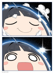  1girl :d ahoge anglediana awa_subaru black_hair blush_stickers chinese_commentary closed_eyes closed_mouth commentary_request girls_band_cry highres o_o open_mouth planet smile space 