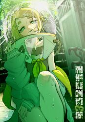  1girl blue_eyes hair_ornament head_tilt helmet highres hikimayu jacket looking_at_viewer mole mole_under_mouth neckerchief one_side_up original outdoors parted_lips photo_background shirt sitting sleeveless sleeveless_shirt smile solo space_helmet sunlight wet yako_kay yellow_neckerchief 